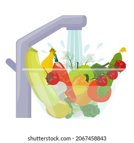 Lava frutas y verduras antes de comer. Comida en un tazón bajo agua, comida antes de cocinar.Ilustración vectorial.