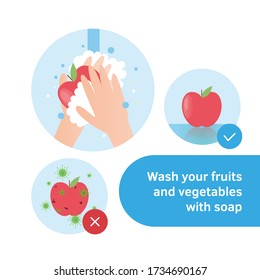 Wash fruits and vegetables. Black hands holding apple under water tap. Arm in foam soap bubbles washing food. Vector illustration flat design isolated on background. Personal hygiene. Desinfection