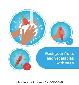 Wash fruits and vegetables. Black hands holding carrot under water tap. Arm in foam soap bubbles washing food. Vector illustration flat design isolated on background. Personal hygiene. Desinfection