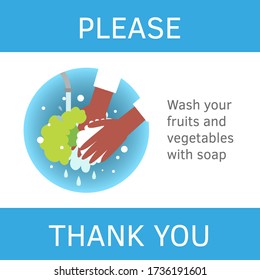 Wash fruits and vegetables. Black hands holding broccoli under water tap. Arm in foam soap bubbles washing food. Vector illustration flat design isolated on background. Personal hygiene. Desinfection