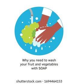 Wash fruits and vegetables. hands holding broccoli under water tap. Arm in foam soap bubbles washing food. Vector illustration flat design isolated on background. Personal hygiene. Disinfection,