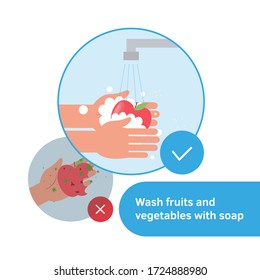 Wash fruits and vegetables. Hands holding apple under water tap. Arm in foam soap bubbles washing food. Vector illustration flat design. Disinfection. Antibacterial washing. Infographic