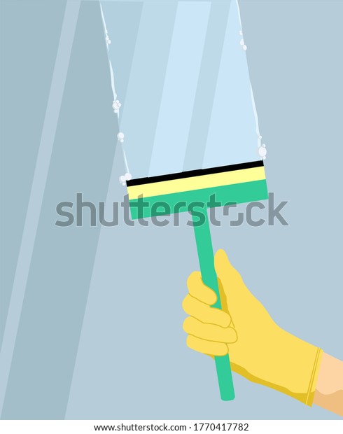 Wash glass\
window concept banner. Hand in a yellow glove with squeegee,\
scraper, wiper washes a window. Cartoon illustration of wash glass\
window vector concept banner for web\
design