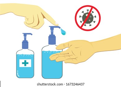 wash hand with acohol gel sanitizer, infection control concept. Sanitizer to prevent colds, virus, Coronavirus,vector illustration. 