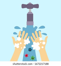 Wash hand concept vector illustration in front view. A man or woman washing hands under faucet with soap and water. Virus protection healthcare in flat design.