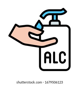 wash hand or hygiene related alcoholic sanitizer drop on hand with written text vector with editable stroke