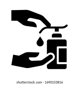 wash hand or hygiene related alcoholic sanitizer bottle hand press button and sanitize drop on hand vector in solid design