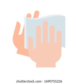 wash hand or hygiene related hands drying or wiping with tissue paper vector in flat style