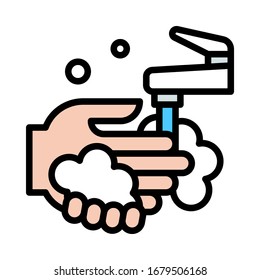 wash hand or hygiene related hand with soap bubbles and water faucet with pouring water vector with editable stroke