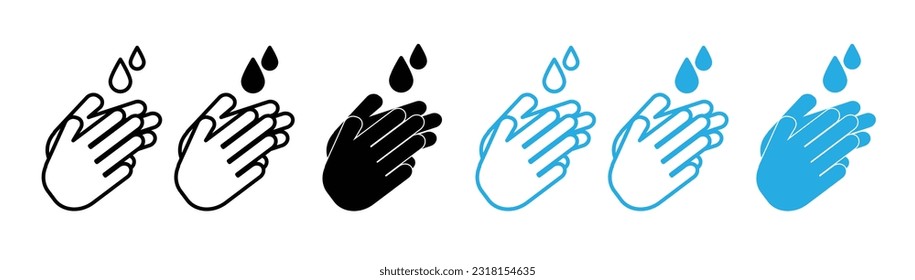 Lávese el conjunto de iconos de la mano en color negro y azul. Sanitiza tu pictograma de manos. Limpie las manos con el signo del vector de la línea de agua y jabón.