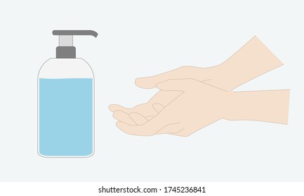 Wash hand with Hand sanitizers. Alcohol gel. Covid-19 spread prevention. Hand draw thin line style. Hand wash gel vector illustration.