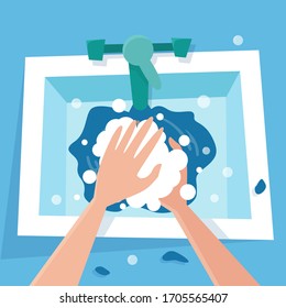 Wash hand with soap in sink. Quarantine disinfection. Hygiene for corona virus prevention. Flat cartoon style vector illustration.