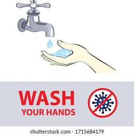 Wash hands. Arm in foam soap bubbles. Disinfection, skin care. Antibacterial washing.