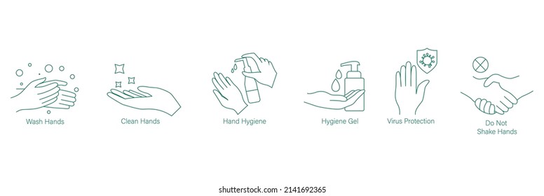 wash hands, clean hands, hand hygiene, hygiene gel, virus protection, do not shake hands, virus, and germ protection icon set vector illustration 