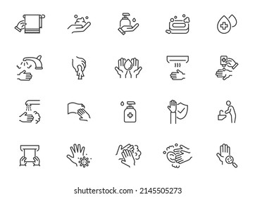 Waschen Sie die Hände saubere Linie Symbol Set. Vektor-Hände waschen Hygiene-Seifenschaum-Trockner Umriss-Symbol