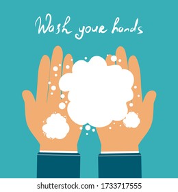 Wash hands concept with soap flat style vector illustration drawn by hand. Hygiene concept