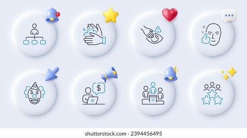 Wash hands, Dont touch and Business person line icons. Buttons with 3d bell, chat speech, cursor. Pack of Management, Business meeting, Clown icon. Healthy face pictogram. Vector