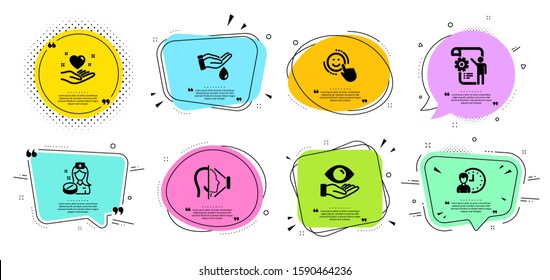 Wash hands, Hold heart and Nurse line icons set. Chat bubbles with quotes. Settings blueprint, Working hours and Smile signs. Face id, Health eye symbols. Skin care, Friendship. People set. Vector