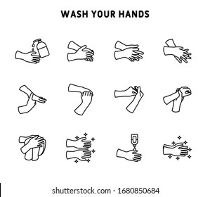 Wash Hands Icon Set For Infographic Or Website. Step By Step Hand Washing. Simple Set Of Hygiene Related Vector Line Icons. Hand Washing Line Icon Set.