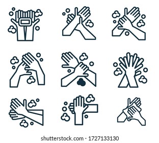 Wash hands icon set vector. Step by step hand washing