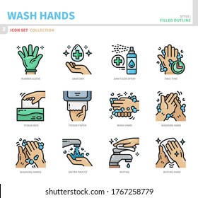 conjunto de iconos de manos lavadas, estilo de contorno relleno, vector e ilustración
