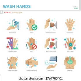 conjunto de iconos de manos lavadas, estilo plano, vector e ilustración