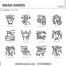 wash hands icon set,outline style,vector and illustration