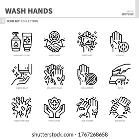 wash hands icon set,outline style,vector and illustration