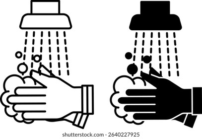 Wash Hands Icons. Black and White Vector Illustration. Man Washing Hands with Soapy Foam and Water. Cleanliness, Disinfection. Hygiene Concept
