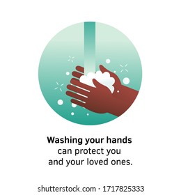 Wash hands infographic. Dirty hands with bacteria holding soap foam under water tap. Arm in foam soap bubbles. Vector illustration flat design. Personal hygiene. Disinfection, skin care. Antibacterial