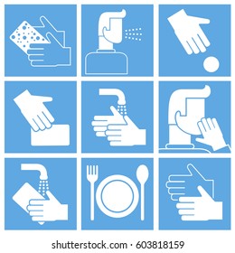 Wash hands instruction, set of vector icons "activities after which you need to wash hands"