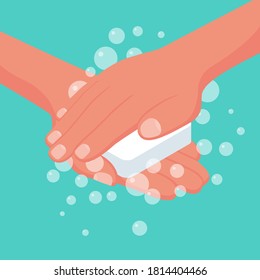 Wash hands isometric icon. Man holding soap in hand in soap bubbles. Vector illustration 3d design isolated on background. Personal hygiene. Disinfection, skincare. Antibacterial washing