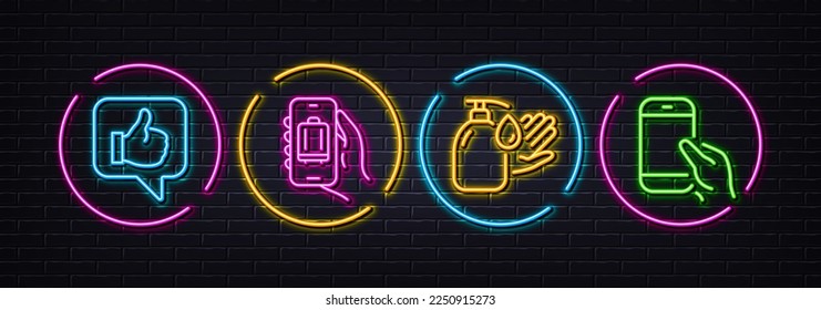 Lávese las manos, los iconos de línea mínimos de la aplicación Like y Baggage. Luces 3d láser neón. Sostén iconos de smartphone. Para web, aplicación, impresión. Jabón líquido, Thumbs up, reclamo de equipaje. Llamada telefónica. Vector