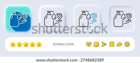 Wash hands line icon. Neumorphic, Flat shadow, 3d buttons. Covid hygiene sign. Washing liquid symbol. Line wash hands icon. Social media icons. Vector