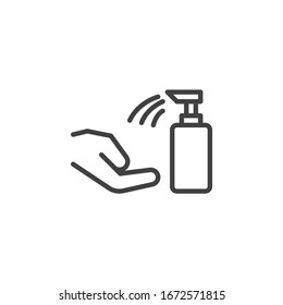 Wash hands with liquid soap line icon. linear style sign for mobile concept and web design. Hands antiseptic bottle outline vector icon. Hygiene symbol, logo illustration. Vector graphics