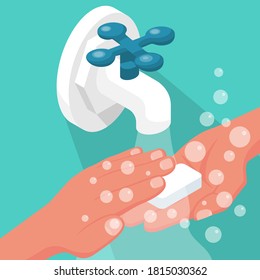 Lávese las manos. Hombre sujeta jabón en mano bajo el grifo de agua. Brazo en burbujas de jabón de espuma. Diseño vectorial isométrico 3d aislado en el fondo. Higiene personal. Desinfección, cuidado de la piel. Lavado antibacteriano
