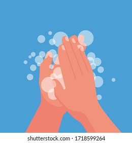 Wash hands. Man holding soap in hand in soap bubbles. Vector illustration flat design isolated on background. Personal hygiene. Disinfection, skin care. Antibacterial washing