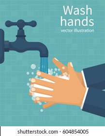 Wash hands. Man holding soap in hand under water tap. Arm in foam soap bubbles. Vector illustration flat design isolated on background. Personal hygiene. Disinfection, skin care. Antibacterial washing
