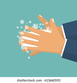 Wash hands. Man holding soap in hand. Arm in foam soap bubbles. Vector illustration flat design isolated on background. Personal hygiene. Disinfection, skin care. Antibacterial washing.