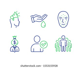 Wash hands, Manager and Identity confirmed line icons set. Face biometrics, Brand ambassador and Group signs. Skin care, Work profit, Person validated. Facial recognition. People set. Vector