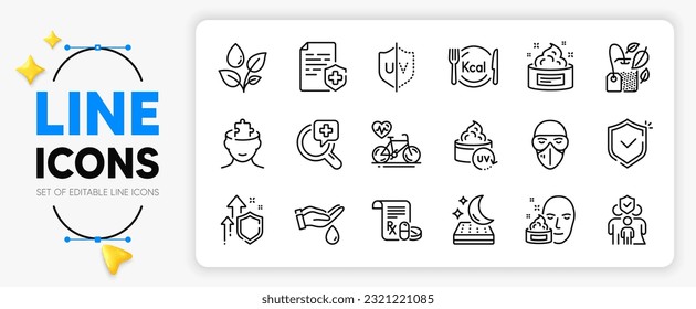 Wash hands, Medical prescription and Improving safety line icons set for app include Uv protection, Mattress, Medical analyzes outline thin icon. Family insurance, Shield. Vector