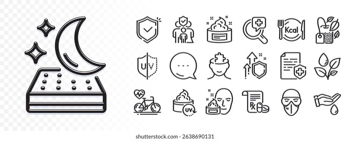Wash hands, Medical prescription and Improving safety line icons for web app. Glare of light effect. Message icon. Pack of Uv protection, Mattress, Medical analyzes pictogram icons. Vector