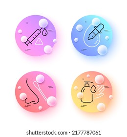 Wash Hands, Nasal Test And Eye Drops Minimal Line Icons. 3d Spheres Or Balls Buttons. Vaccine Attention Icons. For Web, Application, Printing. Liquid Soap, Covid Testing, Pipette. Vector