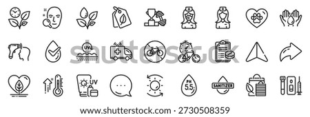 Wash hands, Nurse and Ph neutral line icons pack. Share, Message, Paper plane icons. Bike timer, Electronic thermometer, Dermatologically tested web icon. Vector