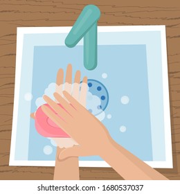 Wash hands. Person holding soap in hand. Arm in form soap bubbles. Personal hygiene. Disinfection, skin care. Antibacterial washing. Hands in the sink. Flat vector illustration