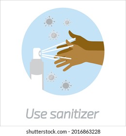 Wash hands promotion with African brown hands and water and bacteria, sanitizing with alcohol and washing your hands, COVID-19. Flat vector illustration.