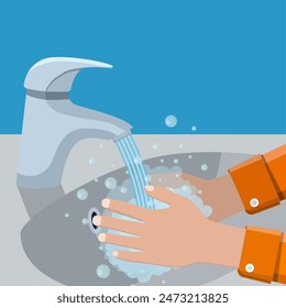 Wash hands in sink. Man holding soap in hand under water tap. Arm in foam soap bubbles. Personal hygiene. Disinfection, antibacterial washing. Vector illustration in flat style