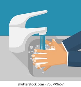 Wash hands in sink. Man holding soap in hand under water tap. Arm in foam soap bubbles. Vector illustration flat design isolated on background. Personal hygiene. Disinfection, antibacterial washing.