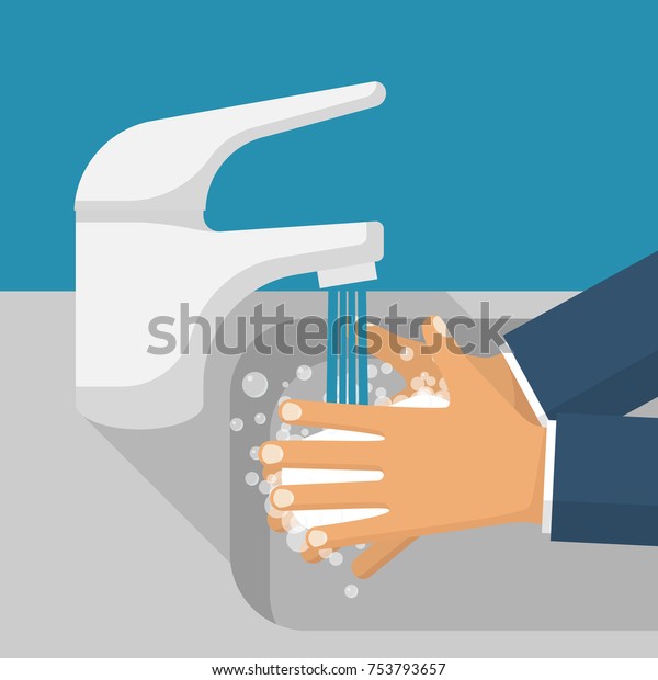 洗手在水槽中 男子手里拿着肥皂在水龙头下 手臂泡沫肥皂泡 矢量插图平面设计隔离在背景上 个人卫生消毒 抗菌洗涤 库存矢量图 免版税