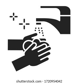 Wash hands with soap black glyph icon. Hygiene. Pictogram for web page, mobile app, promo. UI UX GUI design element. 